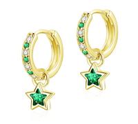 Glintara Ohrringe Silber 925 Hängend, Ohrringe Silber 925 Creolen mit Grün Stern Anhänger, Funkelnde Cubic Zirkonia Hängeohrringe Klein Huggie Ohrhänger, Hypoallergen Creolen für Damen Kinder Mädchen