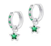 Glintara Ohrringe Silber 925 Hängend, Ohrringe Silber 925 Creolen mit Grün Stern Anhänger, Funkelnde Cubic Zirkonia Hängeohrringe Klein Huggie Ohrhänger, Hypoallergen Creolen für Damen Kinder Mädchen