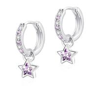 Glintara Ohrringe Silber 925 Mädchen - Creolen mit Lila Stern Cubic Zirkonia, Hypoallergen Ohrringe Silber 925 Hängend Stern für Damen, Klein 12mm Creolen Ohrhänger Ohrschmuck für empfindliche Haut