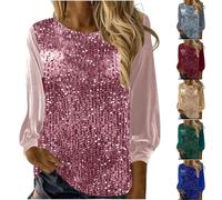 Glitzer Bluse Damen, Samt Langarmshirt Pailletten Blusen Tuniken für Damen Rundhalsausschnitt Tshirt Patchwork Oberteil Glitzershirt Karneval Langarmshirt Damenblusen Glitzeroberteil Festliche Outfit