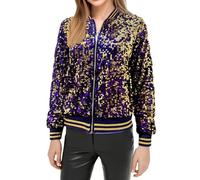 Glitzer Bomberjacke Damen Pailletten Bomber Jacke Glitzer Jacke Damen Langärmelig Frontreißverschluss Mantel Festliches Outfit Kurz Oberteile Jacken Kunstleder mit Fransen Pailettenjacke Slim Fit #1