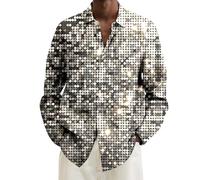 Glitzer Hemd Herren Langarm Pailletten Bluse 70er 80er Jahre Outfit Glänzend Glitzerhemd Casual Button Down Hemdbluse Disco Karneval Mottoparty 2026 Silvester Nachtklub Glitzeroberteil Herrenhemd