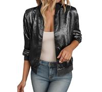 Glitzer Jacke Damen Bomberjacke Damen Kurze Glitzer Blouson Herbst Jacke Leichte Sweatjacke mit Reißverschluss Pailletten Pilotenjacke Stehkragen Outwear Kurz Coat Übergangsjacke Fliegerjacke Karneval