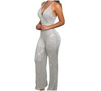 Glitzer Jumpsuit Damen eng, Glitzer Jumpsuit Damen Ärmellos Clubwear Pailletten Elegant Hosenanzug Romper Sexy Hohe Taille Strampler Bodycon V-Ausschnitt Lang Playsuits Einteiler Party, Silber, L