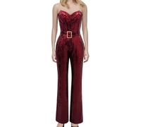 Glitzer Jumpsuit Damen rot, Glitzer Jumpsuit Damen Lang Elegant Playsuits Romper Party Sexy Bodycon Einteiler Hohe Taille Hosenanzug Strampler Pailletten Ärmellos Clubwear V-Ausschnitt, Rot, L