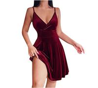 Glitzer Kleid Damen Festliche Kleidung Damen Kleid Braun A-Linie V-Ausschnitt Samtkleid Hohe Taille Minikleid Kurz Spaghettiträger Partykleid Swing Abendkleid Hüftgurte Partykleid (Wein,XL)