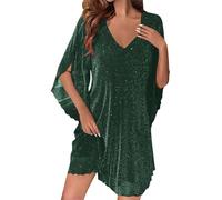 Glitzer Kleid Damen,V-Ausschnitt Pailletten Partykleid mit 3/4 Ärmel Chiffonkleid Baggy Sommerkleid Modisch Elegante Cocktailkleid Elegant A Linie Abendkleider Leicht Fledermausärmel