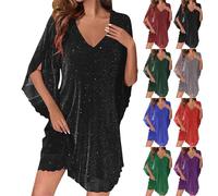 Glitzer Kleid Damen,V-Ausschnitt Pailletten Partykleid mit 3/4 Ärmel Chiffonkleid Baggy Sommerkleid Modisch Elegante Cocktailkleid Elegant A Linie Abendkleider Leicht Fledermausärmel