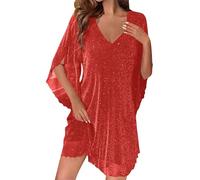 Glitzer Kleid Damen,V-Ausschnitt Pailletten Partykleid mit 3/4 Ärmel Chiffonkleid Baggy Sommerkleid Modisch Elegante Cocktailkleid Elegant A Linie Abendkleider Leicht Fledermausärmel
