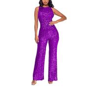 Glitzer Kleid, Glitzer Jumpsuit Damen Ärmellos Party Strampler Hosenanzug Elegant Hohe Taille Clubwear Pailletten Bodycon Einteiler Sexy Lang Playsuits Romper, Lila, L
