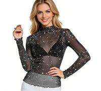 Glitzer Mesh Oberteile Damen, Transparentes Durchsichtige Tops mit Sterne, Glitzer Top, Sexy Durchsichtig Langarm Bluse für Arbeit, Alltag, Freundesparty, Schwarz Mesh Tops, Netzoberteil Bluse Tüll