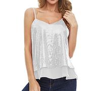 Glitzer Oberteil Damen Große Größen, V-Ausschnitt Pailletten Top Einfarbig Westen Design mit Glitzersteinchen für Abendmode Partyoutfit (White S)