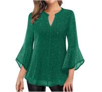 Glitzer Oberteile Damen 3/4 Ärmel Bluse Elegant Pailletten Tunika Festliche Blusenshirt Mesh Pullover Einfarbig Tshirt Silvester Outfit Leicht und Luftig T-Shirt Mode Blusentop Longbluse