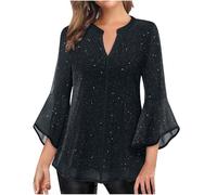 Glitzer Oberteile Damen 3/4 Ärmel Bluse Elegant Pailletten Tunika Festliche Blusenshirt Mesh Pullover Einfarbig Tshirt Silvester Outfit Leicht und Luftig T-Shirt Mode Blusentop Longbluse