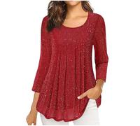 Glitzer Oberteile Damen 3/4 Ärmel Bluse Elegant Pailletten Tunika Festliche Blusenshirt Mesh Pullover Einfarbig Tshirt Silvester Outfit Leicht und Luftig T-Shirt Mode Blusentop Longbluse