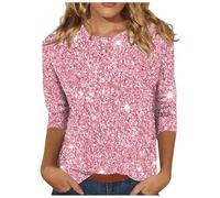 Glitzer Oberteile Damen, 3/4 Arm Pullover elegant mit Druck für Silvester Festliche Bluse Langarm T-Shirt Muster Langarmshirt leichtes Basic Shirt Rundhals Tops und Tunika Abendmode