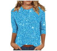 Glitzer Oberteile Damen, 3/4 Arm Pullover elegant mit Druck für Silvester Festliche Bluse Langarm T-Shirt Muster Langarmshirt leichtes Basic Shirt Rundhals Tops und Tunika Abendmode