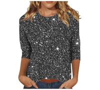 Glitzer Oberteile Damen, 3/4 Arm Pullover elegant mit Druck für Silvester Festliche Bluse Langarm T-Shirt Muster Langarmshirt leichtes Basic Shirt Rundhals Tops und Tunika Abendmode