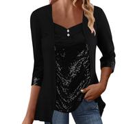 Glitzer Oberteile Damen Elegant T Shirt Langarm Pailetten Bluse Festlich Patchwork mit Knöpfen V Ausschnitt Langarmshirt Tunika Top Longshirt Blusenshirt Blusen & Tuniken für Damen