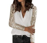 Glitzer Oberteile Damen Langarm - T Shirt Damen V Ausschnitt, Bluse Elegant Langarmshirt Pullover Pailettenshirt Locker Lässig Tunika Top Pailetten Party Oberteil Blusen & Tuniken für Damen