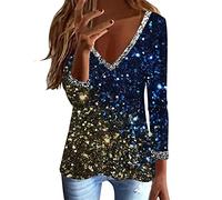 Glitzer Oberteile Damen Langarmshirt - T Shirt Damen V Ausschnitt, Pailletten Bluse Elegant Lässig Locker Party Oberteil Langarm Tunika Große Größen Festliche Top Blusen & Tuniken für Damen