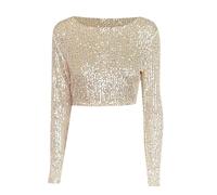 Glitzer Oberteile Damen, Pailletten Oberteil Damen Glitzer Langarm Rundhals Crop Tops Sexy Festliche Tshirt Kurz Top Sparkle Party Langarmshirt Bluse Frauen Elegant T Shirt Streetwear