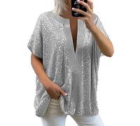 Glitzer Oberteile Damen, Pailletten Oberteil Damen Glitzer Langarm V-Ausschnitt Tshirt Tops Elegant Mode Langarmshirt T Shirt Casual Festliche Bluse Frauen Cocktail Sparkle Party Top