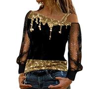 Glitzer Oberteile Damen,Pailletten Oberteil Damen T Shirt mit Schultergurt Schulterfrei Mesh Langarm Bluse Elegant Langarmshirt Oversize Party Pullover,Schicke Festliche Blusen für Frauen Tunika Top