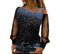 Glitzer Oberteile Damen Pailletten Oberteil Damen T Shirt Schulterfrei Cutout Heißes Diamant Langarm Bluse Elegant Langarmshirt Oversize Lockere Schicke Festliche Blusen für Frauen Party Tunika Top
