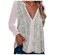 Glitzer Oberteile Damen Sexy -Pailletten Oberteil Damen V-Ausschnitt Silber Weiss Langarmshirt Tunika Top T Shirt Langarm Große Größen Lockere Lässig Bluse Party Oberteil Blusen & Tuniken für Frauen