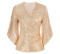 Glitzer Oberteile Damen V Ausschnitt Pailletten Bluse 3/4 Arm T Shirt Elegant Tunika Top Tee Glänzende Pailettenshirt Abend Cocktail Festliche Party Oberteil Blusen & Tuniken für Frauen