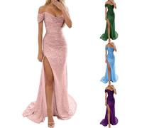 Glitzer Off Shoulder Abendkleid Damen Lang Glitzer Kleid Damen Damen Abendkleider Elegant für Hochzeit Sexy A Linie Elegant Paillettenkleid mit Schlitz Mode Abendkleider Lässig Locker Partykleid
