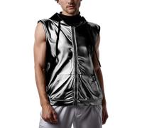 Glitzer Outfit Herren, Glitzer Weste Herren Metallic Kapuzen Anzugwesten Disco Glänzende Blazer mit Taschen und Kordelzug Elegant Anzugweste Ärmellos Sakko Glitzerweste Pailletten Festival Silvester