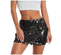 Glitzer Rock Damen Kurz Pailettenrock für Damen Schwarz Glitzerrock Mini Skirt Bodycon Minirock Hüftrock Bleistiftrock Karneval Party Rave Outfit Pailletten Rock Midi mit Elastische Taille