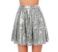 Glitzer Rock Silber, Pailletten Rock Gold, Metallischer Faltenrock Damen Metallic Röcke Leder Minirock Glitzerrock Pailettenrock für Damen Skater Skirt Karneval Kostüm Fasching Festival Disco Outfit