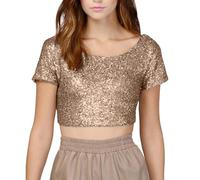 Glitzer Shirt Damen Große Größen, Funkelndes Pailletten Crop Top Mehrfarbig Rückenfreies T-Shirt Design für Außergewöhnliche Abendmode (Gold L)