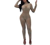 Glitzer-Strampler Lang Strampler Damen Sexy Party Jumpsuit Damen Club-Overall Eng Onesie Yoga Tüll Playsuits Party Outfit Bühnen Kostüm Einteiler Bodysuit Langarm Romper Mesh Ganzkörperanzug