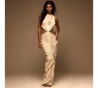 Glitzer-Strick-Maxikleid mit extremer Raffung, Twist-Ausschnitt-Detail und geradem Schnitt, elegant für Frühling/Sommer, Urlaub, Ibiza, Anlässe, sexy