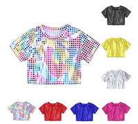 Glitzer Top Mädchen Schwarz Karneval Pailletten Crop Top Kurzarm Metallic Glänzende Oberteil T-Shirt Fasching Party Tanztop Hip Hop Festival Performance Tanzbekleidung Disco Outfit Silber Weiß 152 164
