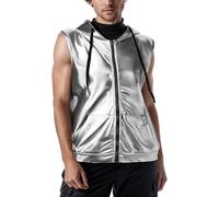 Glitzer Weste Herren Silber, Glitzer Weste Herren Metallic Kapuzen Anzugwesten Disco Glänzende Blazer mit Taschen und Kordelzug Anzugweste Ärmellos Sakko Glitzerweste Pailletten Festival Silvester
