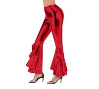 Glitzerhose Damen Lang Glitzer Flared Leggings Sexy Lederoptik Glanz Schlaghose Elegant Kunstleder Glitzerleggings Ausgestellte Metallic 80er Disco Hose Rot L