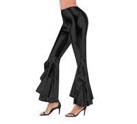Glitzerhose Damen Lang Glitzer Flared Leggings Sexy Lederoptik Glanz Schlaghose Elegant Kunstleder Glitzerleggings Ausgestellte Metallic 80er Disco Hose Schwarz XL