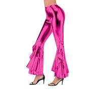 Glitzerhose Damen Lang Glitzer Flared Leggings Sexy Lederoptik Glanz Schlaghose Elegant Kunstleder Glitzerleggings Ausgestellte Metallic 80er Disco Hose Rosa XL