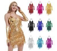 Glitzerkleid Damen Kurz Spaghettiträger Pailletten Tanzkleid Quasten Rumba Tango Latein Glitzer Kleid Festlich Party Pailletten Fransenkleid Trägerkleid Sexy Kurz Latein Tanzkleid Partykleid