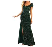 Glitzerkleid Damen Lang Kurzarm Paillettenkleid Glitzer Kleid Abendkleider mit Schlitz Festlich Pailletten Cocktailkleid Maxikleid Pailettenkleider für Damen Schwarz Grün Abendkleid Partykleid
