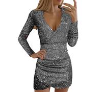 Glitzerkleid Damen Partykleid Silber Lange Ärmel Knielang Rockabilly Glänzende Kleid Hochzeitkleid Hohe Taille Glitzer Cocktailkeider Abendkleider V Ausschnitt Pailletten Pencil-Kleid Ballkleider