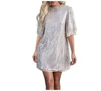 Glitzerkleid Damen Partykleid Silber Lange Ärmel Knielang Rockabilly Glänzende Kleid Hochzeitkleid Hohe Taille Glitzer Cocktailkeider Abendkleider V Ausschnitt Pailletten Pencil-Kleid Ballkleider