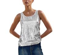 Glitzernde Pailletten-Weste für Damen, schimmernd, elegant, Tank-Top, Glitzer-Bluse, glänzendes Hemd, ärmellos, Party-Top für Ausgehen, Club, Cocktail, Disco, silber, 46