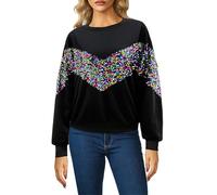 Glitzerndes Damen-Top, lässiger Rundhalsausschnitt, lockere Passform, langärmelig, Pailletten-Top, Basic, vielseitiges Tunika-Top, glänzende Strasssteine, Pullover, Sweatshirts, Schwarz , L