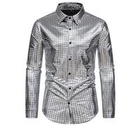 Glitzerndes Herren-Hemd, glänzende Pailletten, metallisches Glitzer-Hemd, 70er-Jahre, Disco-Shirt, Revers, Langarmhemd, Kleid, Hemden, schmale Passform, Button-Down-Shirts für Club, Rock, Hip-Hop,